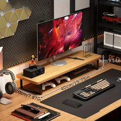 【高さ調節可能】エルゴノミック コンピューターデスク 木製 拡張キーボードトレイ&収納棚付き 在宅ワーク/ゲームに最適 天然木使用 デスク【選べる4色】【ウッド】