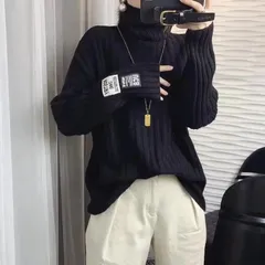 ブラック タートルネック ニット リブ リブニット タグ セーター 長袖 萌え袖