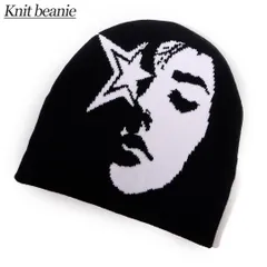 ビーニー ニット帽 星 フェイス柄 ブラック ホワイト アート モード グランジ Y2K 90s 00s ストリート ユニセックス メンズ レディース ニットキャップ