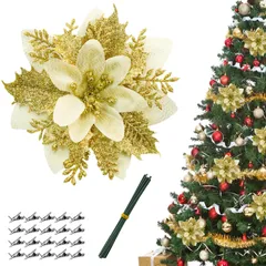 在庫処分 デコレーション ポインセチア ラメ入り 人工花 キラキラ オーナメント クリスマスリース 花輪 花 自宅 装飾 店舗 クリスマスツリー飾り 玄関 24個入り 室内 造花 飾り クリスマス (金)