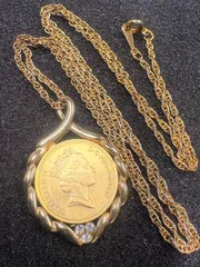 ヴィンテージ   コインネックレス　アンティークゴールド　ヴィンテージアクセサリー　コインペンダント　エリザベスコイン　デザインチェーン　18KGF 刻印　イミテーション  18金メッキ
