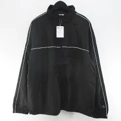 チャンピオン CHAMPION スポーツウェア ナイロン ジャケット ウィンドブレーカー XL 黒系 ブラック ジップアップ ロゴ 刺繍 フリース裏地 タグ付