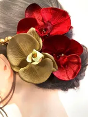 赤×金胡蝶蘭髪飾り　花嫁ヘア　振袖ヘア　ブライダル　成人式　カラードレス　お色直しヘア