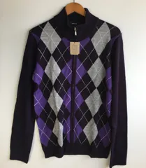 タグ付き COMME CA ISM アーガイル柄 ニットジャケット メンズ L パープル×グレー 4051202511290038