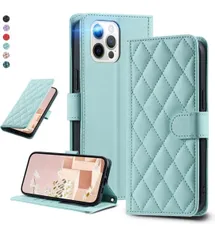 ★UnivoColors iPhone 12/12 Pro キルティングレザー調 手帳型ケース エレガント 高質PU マグネット開閉式 カード収納機能 スタンド機能 液晶全面保護 レンズ保護 ストラップ付属(ミントグリーン)