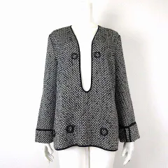 クリッツィア KRIZIA ツイード ウール シルク ジャケット チュニック プルオーバー メタルリング装飾 L 44 黒 ブラック 白