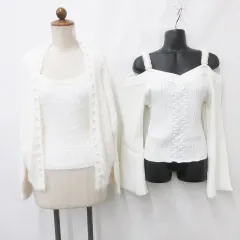 グレイル GRL アンサンブル セーター 2枚セット 長袖 カーディガン キャミソール リボン オフショル フェイクファー パール 白 ホワイト F