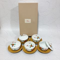 深川製磁 蓋付き湯呑み 5客セット 箱付き 菊小鳥 春型汲出揃 宮内庁御用達 金彩