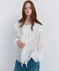 レイヤード シースルー フリル ブラウス 白