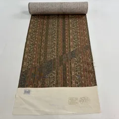 反物 秀品 小紋 草花 縞 茶緑色 正絹 【中古】