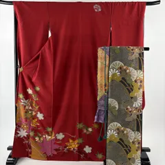 振袖 身丈169cm 裄丈68cm L 袷 袋帯フルセット 糸巻き 桜 金糸 金彩 えんじ色 正絹 秀品 【中古】