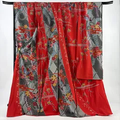 【美品】 振袖 身丈174.5cm 裄丈74cm 未仕立て 仮絵羽 蝶 桜 染め分け 縮緬 赤 正絹 名品 【中古】