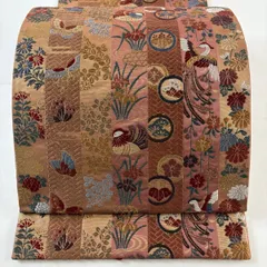 【美品】 袋帯 秀品 花鳥 蝶 唐織 箔 ピンク 六通 正絹 【中古】