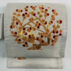 【美品】 名古屋帯 優品 枝花 刺繍 金糸 灰白 正絹 【中古】
