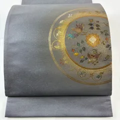 【美品】 袋帯 秀品 鳥 草花 箔 金彩 灰紫 お太鼓柄 正絹 【中古】