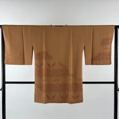 【美品】 道行 身丈88.5cm 裄丈64cm M 和装コート 角衿 動物 草花 金彩 刺繍 薄茶色 正絹 秀品 【中古】