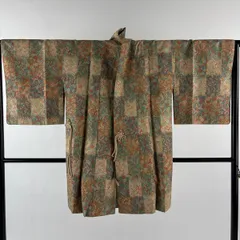 【美品】 道中着 身丈93cm 裄丈64cm M 和装コート 秋草 鳥 灰緑 正絹 秀品 【中古】