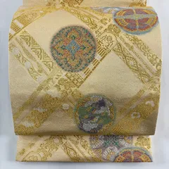 【美品】 袋帯 秀品 華文 向かい鳥 唐織 箔 ベージュ 六通 正絹 【中古】