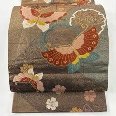 袋帯 秀品 雪輪 蝶 唐織 箔 焦茶色 六通 正絹 【中古】