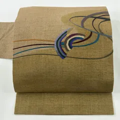 【美品】 名古屋帯 秀品 紬地 流水 幾何学模様 刺繍 薄茶色 正絹 【中古】