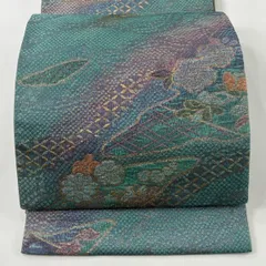 【美品】 袋帯 秀品 草花 幾何学模様 金通し 箔 青緑 六通 正絹 【中古】