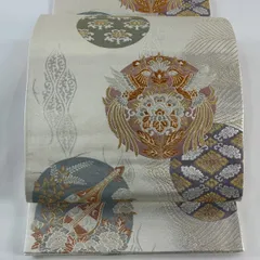 【美品】 袋帯 秀品 向かい鳥 草花 金銀糸 箔 クリーム 六通 正絹 【中古】