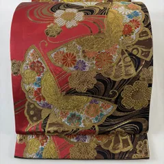 【美品】 袋帯 秀品 振袖向き 彩美錦 蝶 流水 箔 金糸 赤 六通 正絹 【中古】