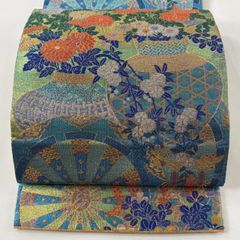袋帯 名品 渡文 落款 草花 花唐草 金糸 箔 灰紫 六通 正絹 【中古