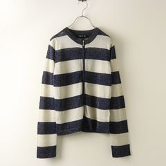 美品 定価41800円 アニエスベー agnes b. FEMME Felin ボーダー 長袖 ジップカーディガン 1 ネイビー×グレーラメ┃【2400014679939】