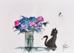 原画#37 黒猫 猫 薔薇 花 水彩画 ドローイング インテリア イラスト