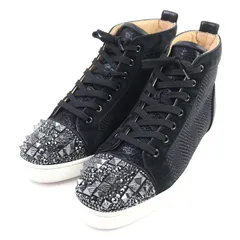 【ドンドン見直し】美品○Christian Louboutin クリスチャンルブタン MIXKEOLOUIS FLAT レザー スウェードレザー ロゴレザーパッチ スタッズ付き ラインストーン 異素材切替 ハイカットスニーカー ブラック系 43.5 メンズ