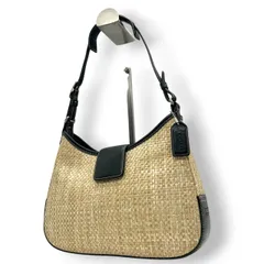 【美品】コーチ ハンドバッグ ストロー レザー 8159 かごバッグ ワンショルダー 肩掛け ベージュ ブラック 夏 サマー カジュアル レディース チャーム付き 希少モデル クラシックデザイン クリーニング済み s86