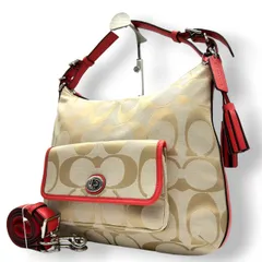【極美品】コーチ レガシー 2WAY ショルダーバッグ シグネチャー キャンバス レザー 本革 ベージュ ゴールド レッド タッセル ターンロック 斜め掛け 肩掛け レディース 未使用級 エレガント フェミニン 大人可愛い COACH 22392 s82