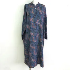 美品 アンティカ レトロフラワー柄 バンドカラーシャツワンピース ミモレ丈 花柄ワンピース 長袖 ブルー FREE