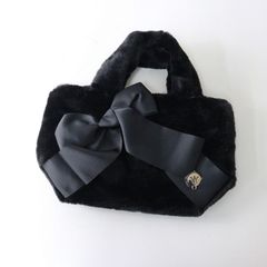 極美品 エムズグレイシー M'S GRACY リボン付きフェイクファーバッグ\ブラック トートバッグ ジップ【2400014733259】