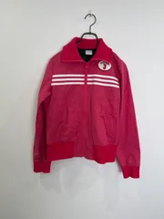 R00825　adidas ブルゾンジャケット メンズ L ピンクホワイト 無地 胸白ライン 背面刺繍ロゴ 綿ポリ ナイロン 90S Y2K 古着 レギュラー ブランド古着 安心 フォロー割