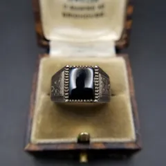 1970年 英国 ヴィンテージ オニキス インレイ 925シルバー シグネット リング レクタングル 銀 指輪 レトロ Birmingham ホールマーク Y25-N