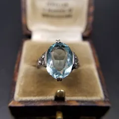 アクアマリンカラー オーバル ファセット 925 シルバー ヴィンテージ リング 銀 指輪 アールデコ Prov.Pat刻印 石の付け替え可能 Y25-O