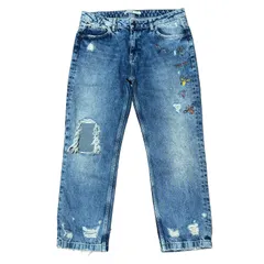 ZARA BASIC ボーイフレンドデニム 刺繍＆ダメージ加工 ブルー サイズ40 レディースXL ザラベーシック