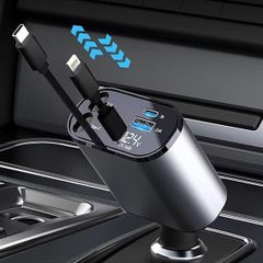 【巻き取り式】4in1 車 充電器 シガーソケット 4台同時充電 カーチャージャー 巻き取り式充電ケーブル 2本付き Type-C100W/Lightning 20W急速充電 車載充電器 HMRMSMT A17