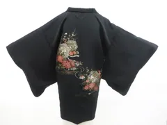 【一輝堂】黒羽織 羽織 絵羽柄 金糸 羽織紐付き 正絹 着物 身丈約80.5cm 裄丈約62cm 25z12-6641