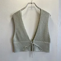 美品✨ コルザ ビスチェ サマーニット ベスト クロシェ編み かぎ編み風 透かし Vネック ショート丈 コンパクト レイヤード 重ね着 フロントリボン コットン cotton 大人 カジュアル きれいめ ライトグリーン くすみカラー ミント系 透け感