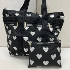 7478　LeSportsac　レスポートサック　 トートバッグ　肩掛け　大容量　 ハート　総柄　ブラック×シルバー系　 ナイロン　軽量　鍵付き　ポーチ付き　 レディース