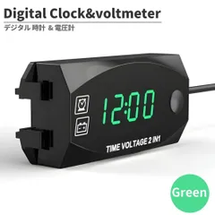 バイク用 LED 2in1 デジタル 電圧計 時計 グリーン 防水 防塵 高輝度 表示 オートバイ メーター 軽量 コンパクト 多機能 ボルトメーター ツーリングのサムネイル