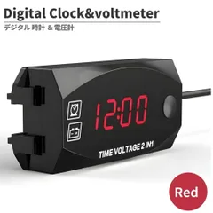バイク用 LED 2in1 デジタル 電圧計 時計 温度計 レッド 防水 防塵 高輝度 表示 オートバイ メーター 軽量 コンパクト 多機能 ボルトメーター ツーリングのサムネイル