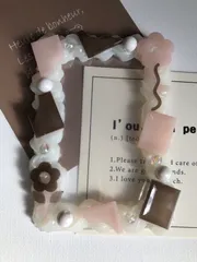 【SALE】B8サイズトレカケースデコ オフホワイト ピンク ブラウン フラワー チョコレート ビーズ