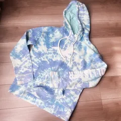 HOLLISTER ホリスター　ブルー　ライトブルー  トレーナー　ホワイト　タイダイ柄 スウェットパーカー 裏起毛 フーディ　フード　片袖ロゴ XS 刺繍