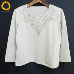 #w レリアン Leilian 七分袖 ニット セーター 9号 グレー ラメ刺繍 ビジュー ウール 毛 100％ 日本製 レディース [934621] k01