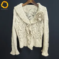 #w レリアン Leilian ニット カーディガン 9号 ベージュ系 霜降り ラメ コサージュ付き フリルカラー シルク モヘヤ混 [934623] k01