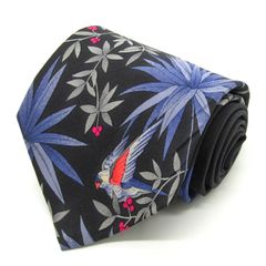 レオナール ブランド ネクタイ 総柄 花柄 動物柄 鳥 シルク イタリア製 PO メンズ ブラック LEONARD 【中古】